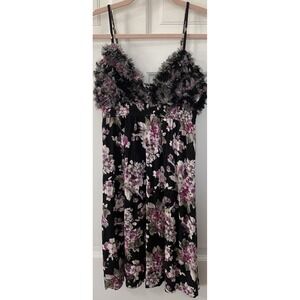 Candie's Floral Mini Dress Y2K Fringe Bust Eyelash Trim Smocked Waist SZ Med